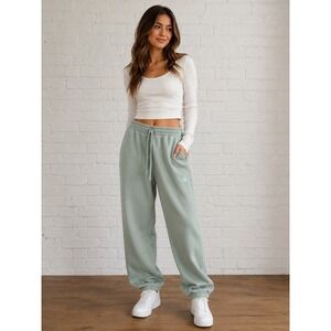 PINK Victoria's Secret Sage Green Fleece Jogger Sweatpants  L Cozy Lounge Y2K